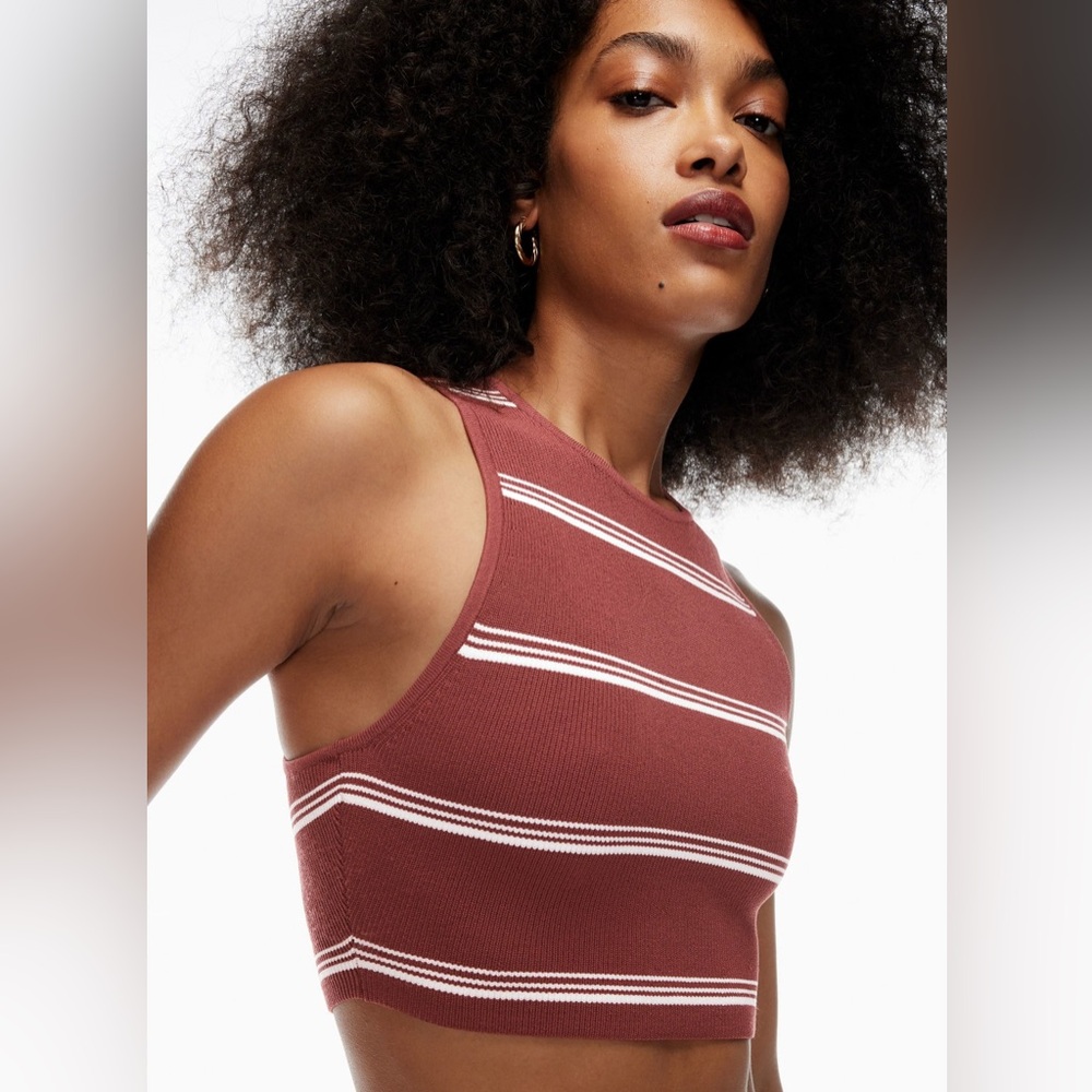 🍒 Babaton Aritzia SPX Cropped Knit Racerback Tank Top Stripe Burgundy XS 🍒